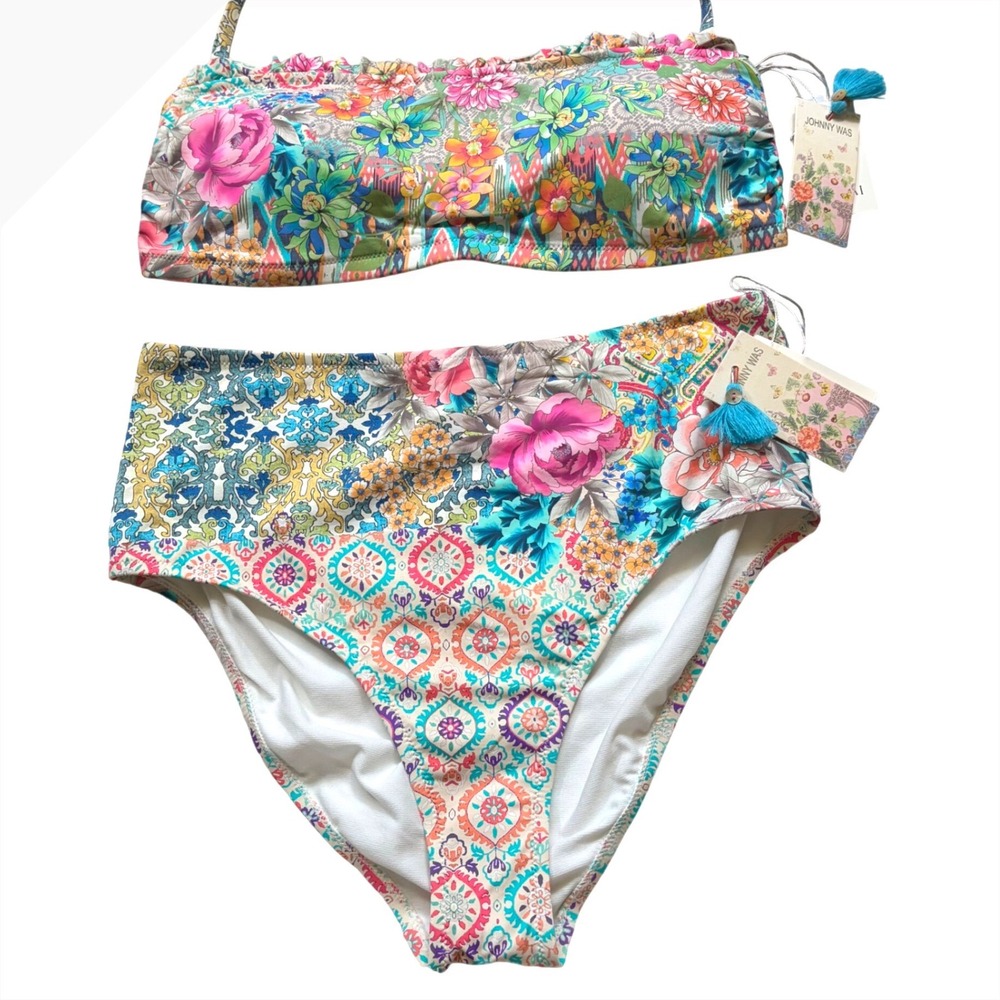 Johnny Was Pearce Bandeau Bikini Set High Waist Floral Patchwork Multi XL NEW